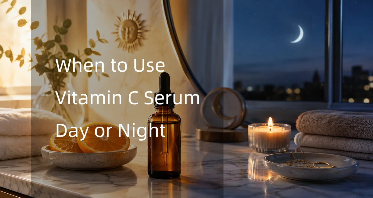 A bottle of vitamin C serum on a vanity with sliced orange, lit candle, jewelry, and a crescent moon visible through the window.